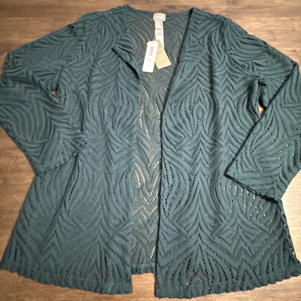 Chicos Size 1 Nicholle Lace Cardigan‎ Swiss Pine Green L/S New With Tags